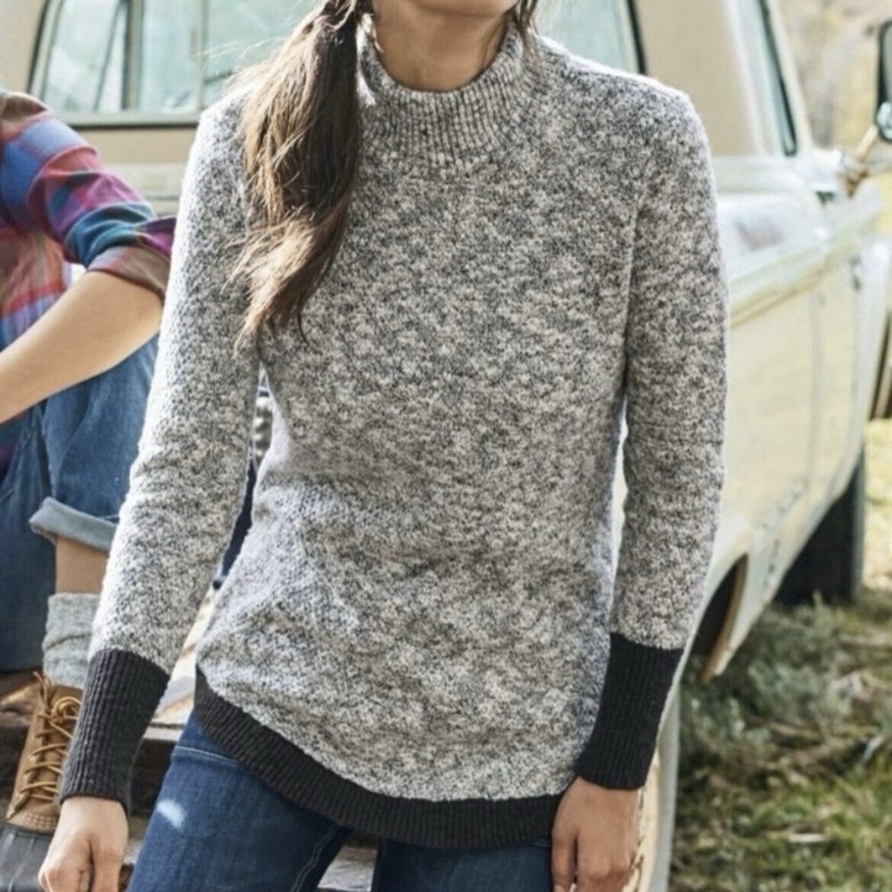 LL Bean Marled Gray Black Mock Neck Linen Blend Ragg‎ Pullover Sweater SMALL